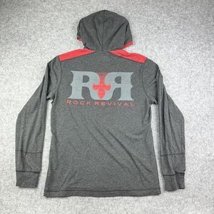 Rock Revival Hooded T Shirt Men L Gray Red Henley Hoodie Long Sleeve Rockabilly*